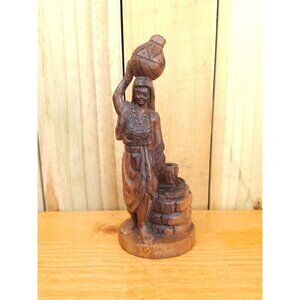 Vintage Hand-Carved Wooden Figurine of Woman By The Well